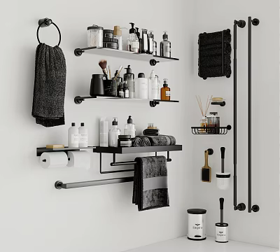 Organized Bathroom Essentials On Black Shelves With Towels Toiletries And Bottles 3d model