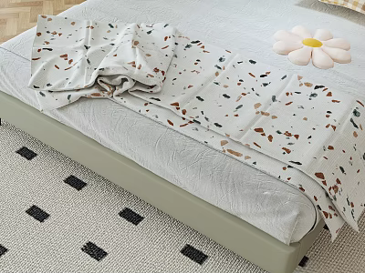 Cozy Bedroom Setup With Patterned Bedding Flower And Geometric Rug 3d model