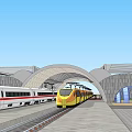 Modern Train Station Design Featuring Green Roof Arched Structures And Pedestrians 3d model
