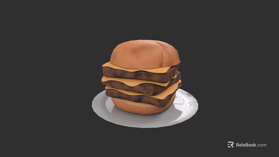 Tasty Juicy Burger With Multiple Beef Patty Layers Melted Cheese On White Plate 3d model 