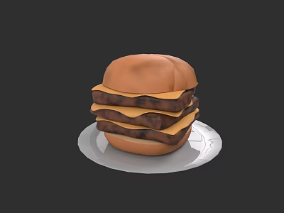 Tasty Juicy Burger With Multiple Beef Patty Layers Melted Cheese On White Plate 3d model
