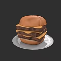 Tasty Juicy Burger With Multiple Beef Patty Layers Melted Cheese On White Plate