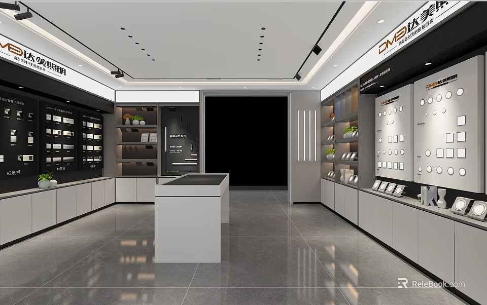 Modern Home Furnishing Store Interior With Display Shelves Central White Counter And Product Displays 3d model 