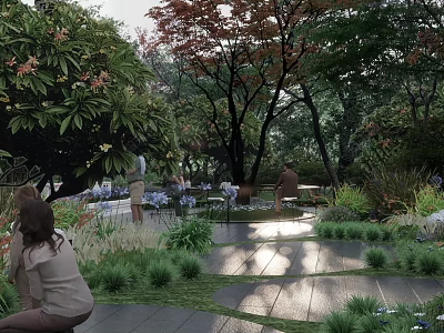 Park Landscape With Lush Trees Colorful Flowers And People Enjoying Sunlight 3d model
