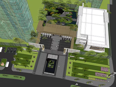 Urban Garden Landscape With High Rise Buildings Pond Greenery And Paved Area 3d model