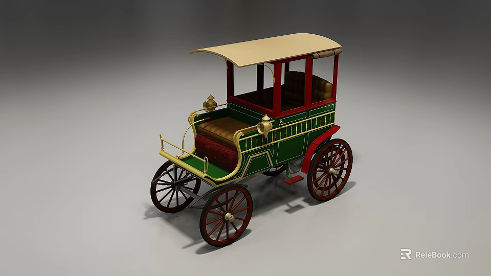 Vintage Horse Drawn Carriage Design With Green Red Exterior Gold Accents Canopy Top And Wooden Wheels 3d model 