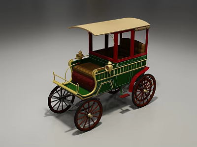 Vintage Horse Drawn Carriage Design With Green Red Exterior Gold Accents Canopy Top And Wooden Wheels 3d model