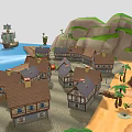 3D Rendered Coastal Scene Featuring Small Houses Wooden Dock Sailing Ship And Island