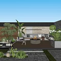 Tranquil Courtyard Garden With Wooden Deck Round Seating Area Plants Green Trees And Water Feature