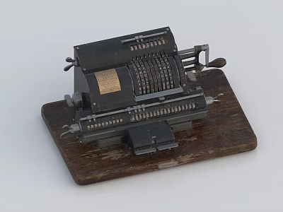 Vintage Office Appliance Classic Old Mechanical Calculator on Wooden Base 3d model