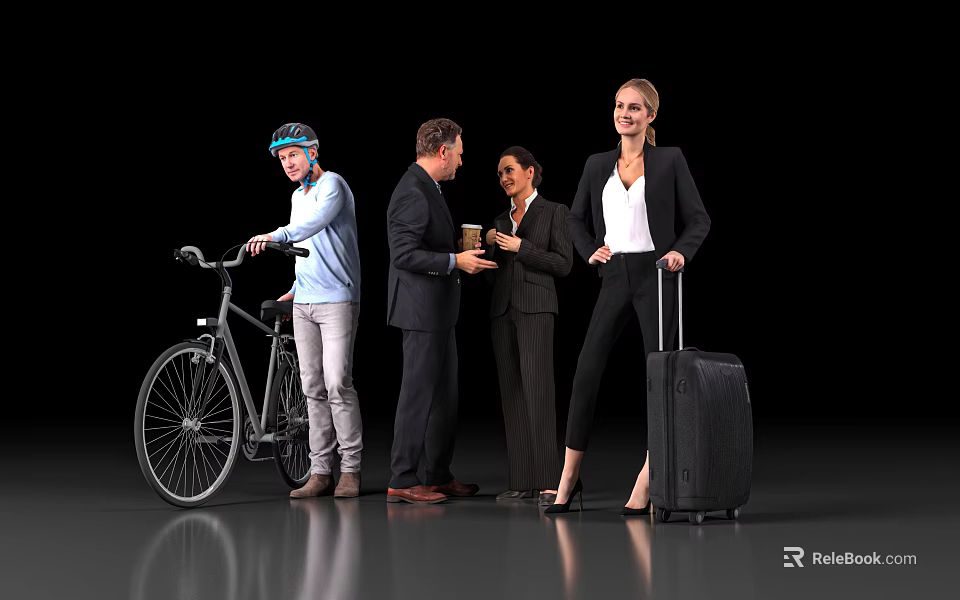 Group of People Standing Together Talking With Bicycle Coffee Cup Suitcase and Suits 3d model 