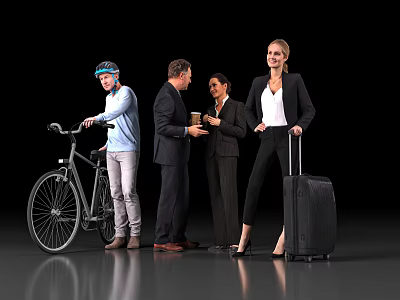 Group of People Standing Together Talking With Bicycle Coffee Cup Suitcase and Suits 3d model