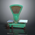 Vintage Green Platform Scale With Metal Weights On Dark Surface