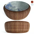 Round Rattan Dining Table With Natural Woven Texture And Glass Top Surface 3d model