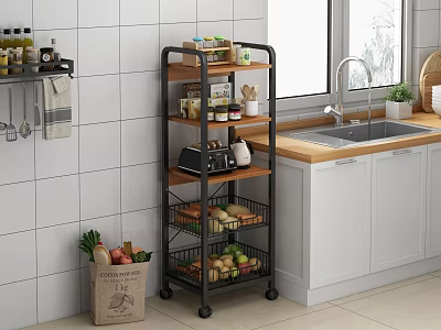 Rolling Kitchen Storage Rack With Multiple Tiers Holding Jars Toaster Fruits Vegetables In Modern Kitchen 3d model