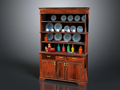 Dark Wooden Sideboard With Shelves Blue White Patterned Plates Colorful Bottles And Gold Handles 3d model
