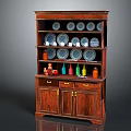 Dark Wooden Sideboard With Shelves Blue White Patterned Plates Colorful Bottles And Gold Handles
