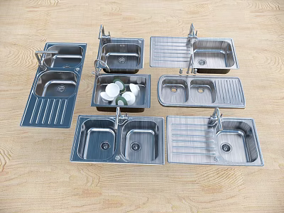 Multiple Stainless Steel Kitchen Sinks Including Single And Double Bowl With Drainboard On Wooden Surface 3d model