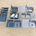 Multiple Stainless Steel Kitchen Sinks Including Single And Double Bowl With Drainboard On Wooden Surface