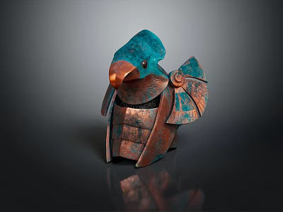 Intricate Mechanical Bird Sculpture Featuring Blue Copper Body And Metallic Wings 3d model