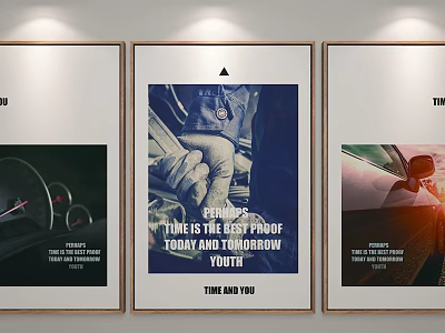 Three Framed Wall Posters With Time Youth And Car Elements Design 3d model