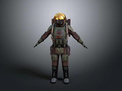 Detailed Space Suit Character In Green Brown Armor With Gold Helmet Backpack And Gear 3d model
