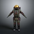 Detailed Space Suit Character In Green Brown Armor With Gold Helmet Backpack And Gear