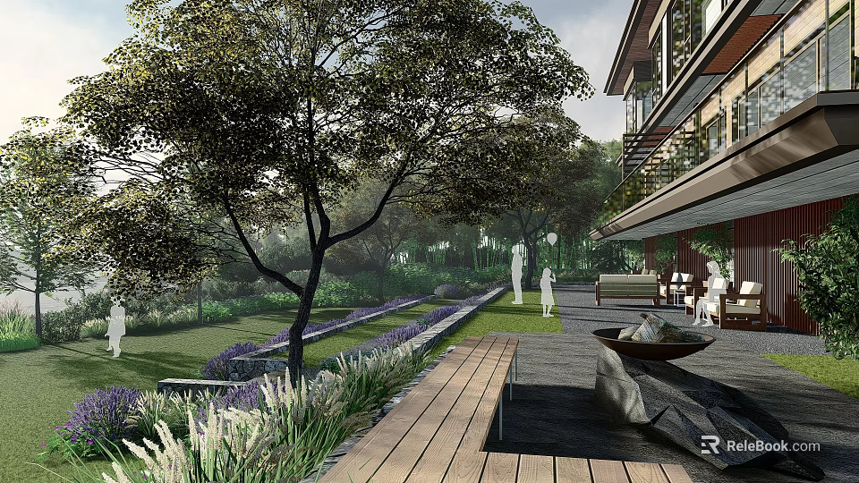 Tranquil Garden Landscape With Trees Purple Flowers Lawn Stone Path And Sculptures 3d model 