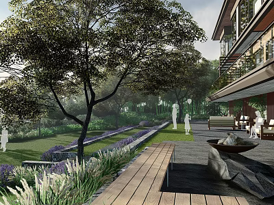 Tranquil Garden Landscape With Trees Purple Flowers Lawn Stone Path And Sculptures 3d model