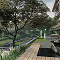Tranquil Garden Landscape With Trees Purple Flowers Lawn Stone Path And Sculptures