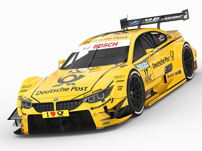 Yellow Deutsche Post Racing Car With Aerodynamic Spoiler And Sponsors 3d model