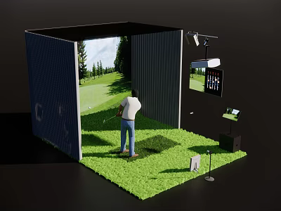 Indoor Golf Fitness Training Area With Green Turf Swing Practice Screen Equipment 3d model