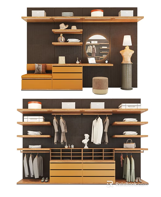 Modern Functional Wardrobe Interior Design With Wooden Shelves Folded Clothes Hanging Garments And Decorative Items 3d model 