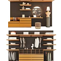 Modern Functional Wardrobe Interior Design With Wooden Shelves Folded Clothes Hanging Garments And Decorative Items
