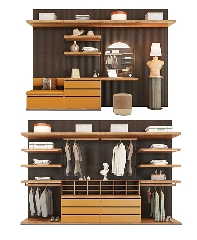 Modern Functional Wardrobe Interior Design With Wooden Shelves Folded Clothes Hanging Garments And Decorative Items 3d model