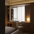 Cozy Bay Window Interior With Wooden Desk Chair Bookshelf Table Lamp And Curtain