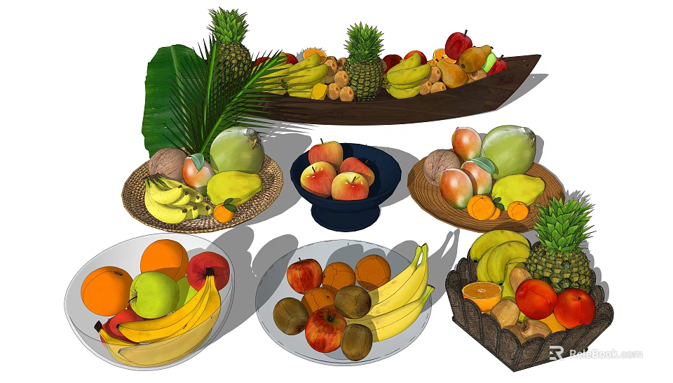 Ceramic Tableware Display Bowls Plates Filled With Fresh Fruits Bananas Apples Pineapples 3d model 