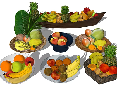 Ceramic Tableware Display Bowls Plates Filled With Fresh Fruits Bananas Apples Pineapples 3d model