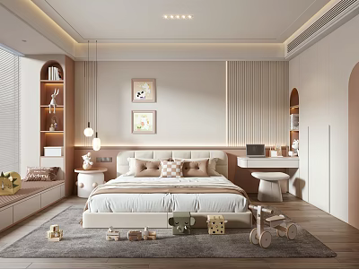 Bright Kids Room Interior With White Bed Wooden Toys Bookshelf And Study Desk 3d model