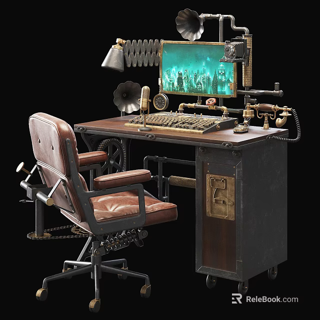 Retro Industrial Office Desk With Leather Chair Monitor Lamp Horn And Keyboard 3d model 