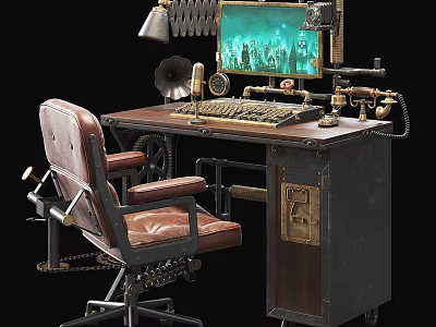 Retro Industrial Office Desk With Leather Chair Monitor Lamp Horn And Keyboard 3d model