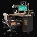 Retro Industrial Office Desk With Leather Chair Monitor Lamp Horn And Keyboard