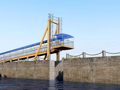 Industrial Bridge Featuring Yellow Metal Structure Blue Canopy And Stone Wall Over River 3d model