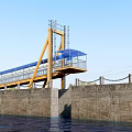 Industrial Bridge Featuring Yellow Metal Structure Blue Canopy And Stone Wall Over River