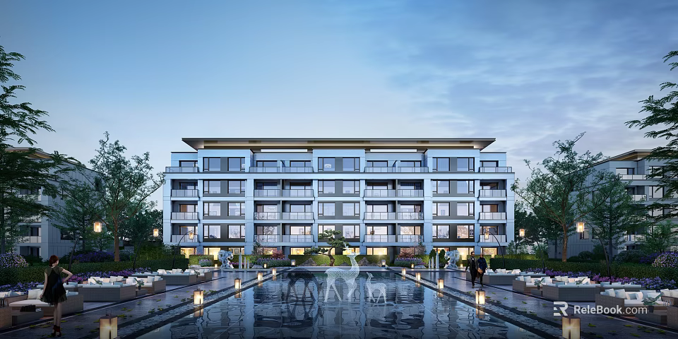 Modern Mid Rise Residential Building With Landscaped Gardens Water Features And Fountains 3d model 
