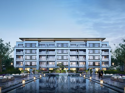 Modern Mid Rise Residential Building With Landscaped Gardens Water Features And Fountains 3d model