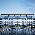 Modern Mid Rise Residential Building With Landscaped Gardens Water Features And Fountains