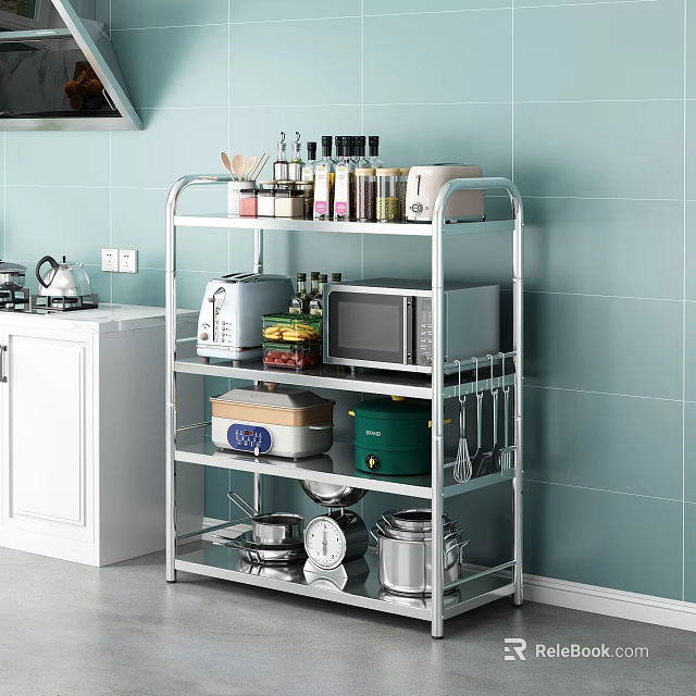 Sturdy Metal Kitchen Shelf With Microwave Toaster Spices Cookware And Storage Boxes 3d model 