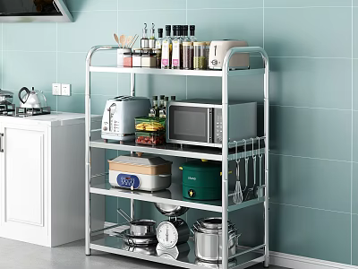 Sturdy Metal Kitchen Shelf With Microwave Toaster Spices Cookware And Storage Boxes 3d model