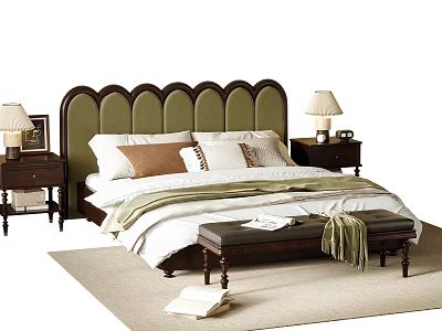 Double Bed with Green Scalloped Headboard Bedside Tables Lamps Bed Bench and Bedding on Rug 3d model